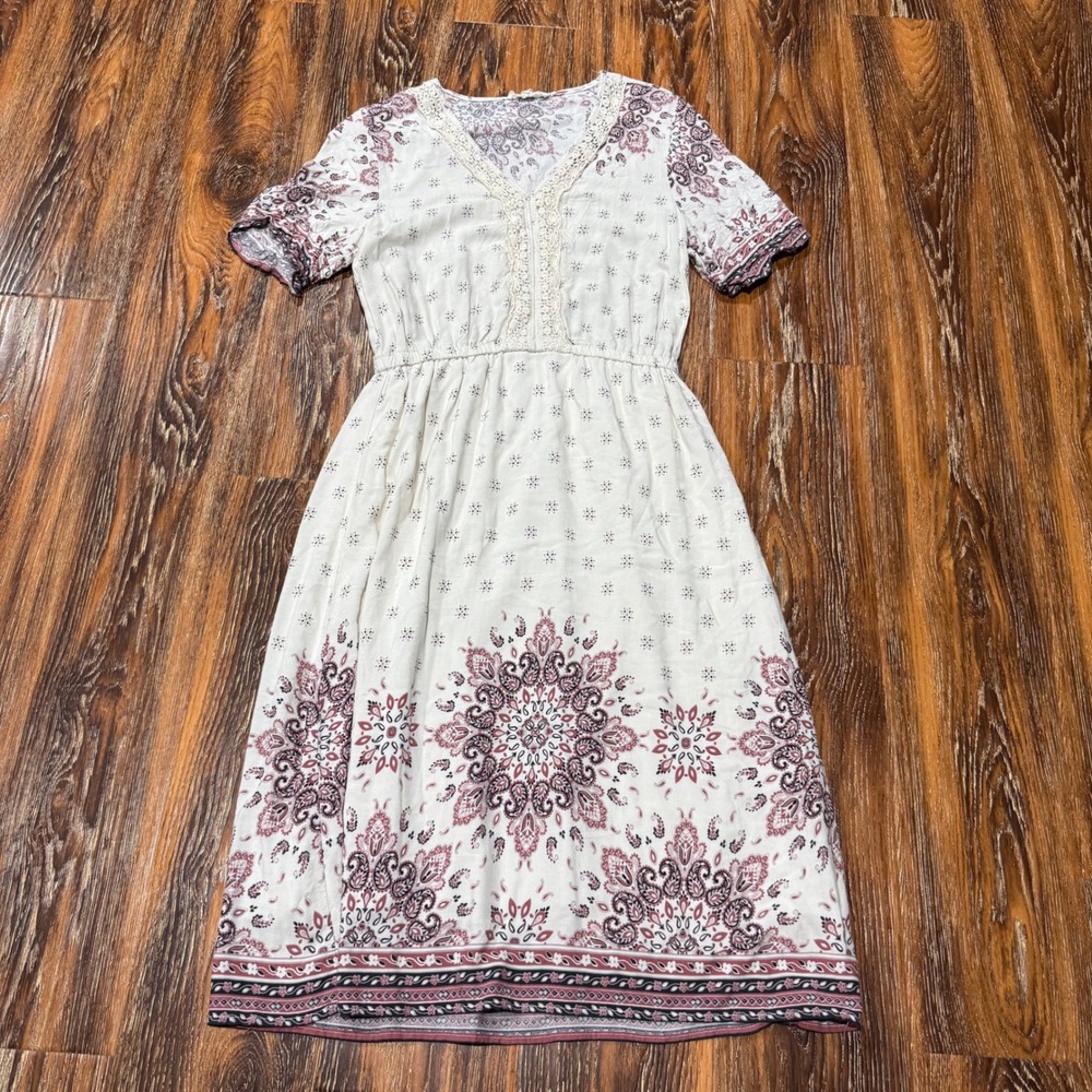 Boho Cream Midi Dress with Mauve Medallion Print
